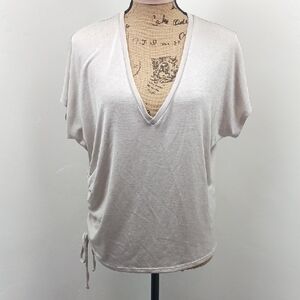 Express Women's Blouse Metallic Cream V-Neck Short Sleeve Top Size Small